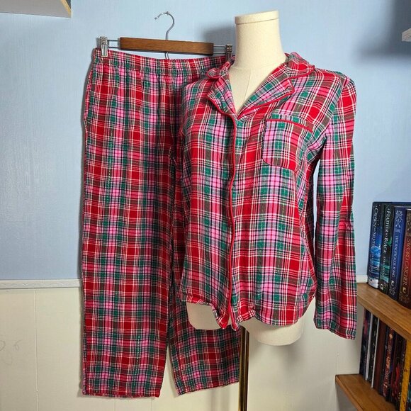 Jaclyn New York Pink Green Red Metallic Button Up Longsleeve Holiday Pajama Set - Picture 1 of 11